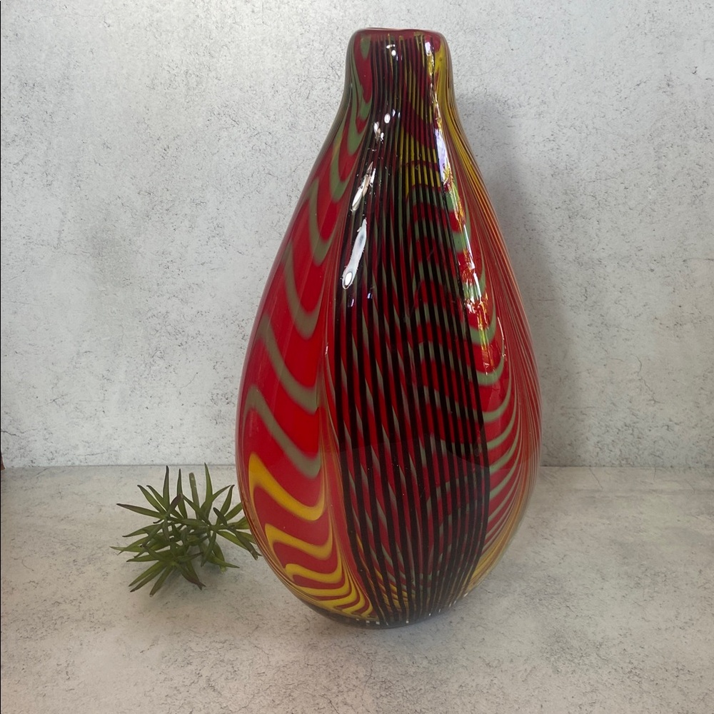 Large Art Glass Vase Red Yellow Swirl Murano Style 13” Statement Decor Heavy